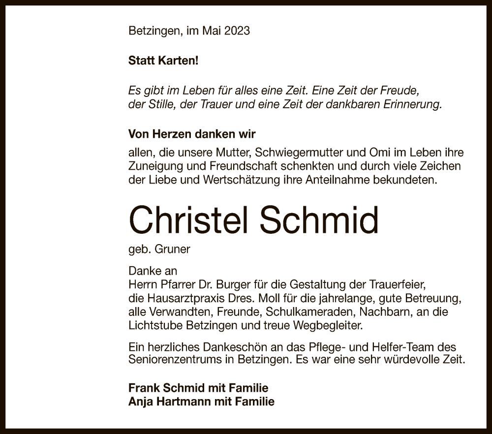  Traueranzeige für Christel Schmid vom 15.05.2023 aus Reutlinger General-Anzeiger