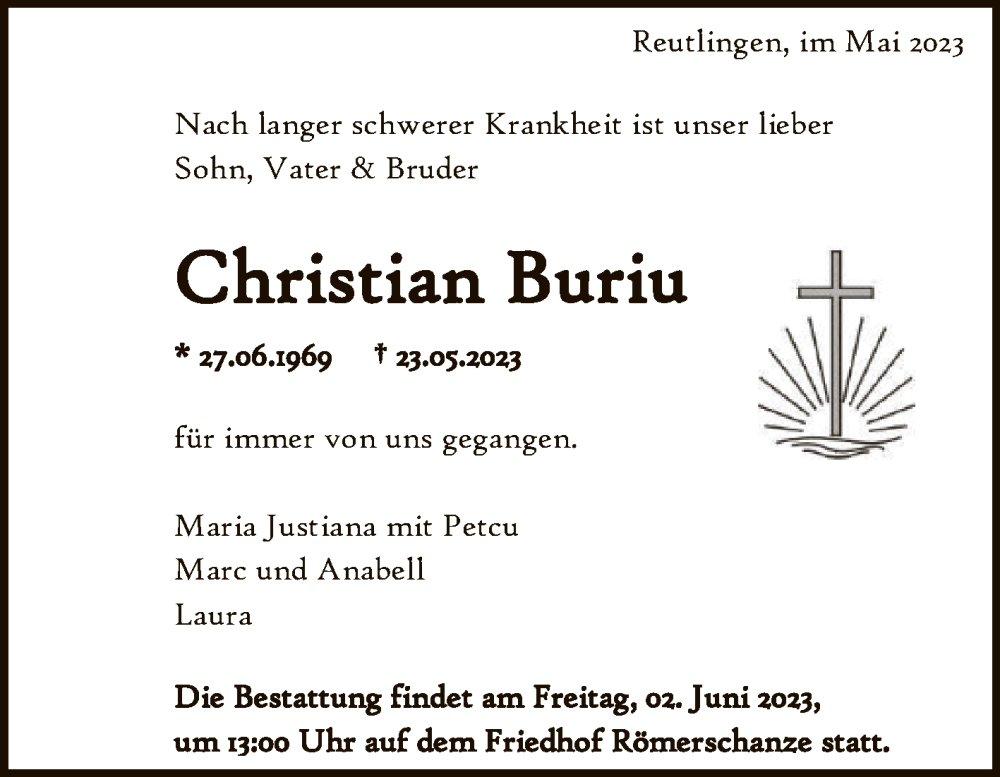 Traueranzeige für Christian Buriu vom 27.05.2023 aus Reutlinger General-Anzeiger