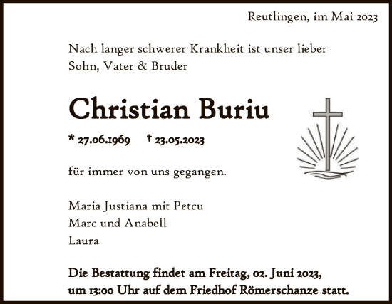 Anzeige von Christian Buriu von Reutlinger General-Anzeiger