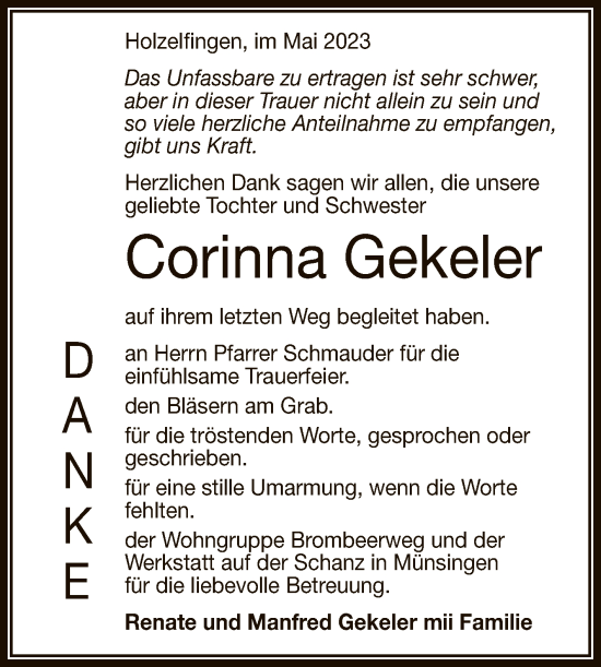 Anzeige von Corinna Gekeler von Reutlinger General-Anzeiger