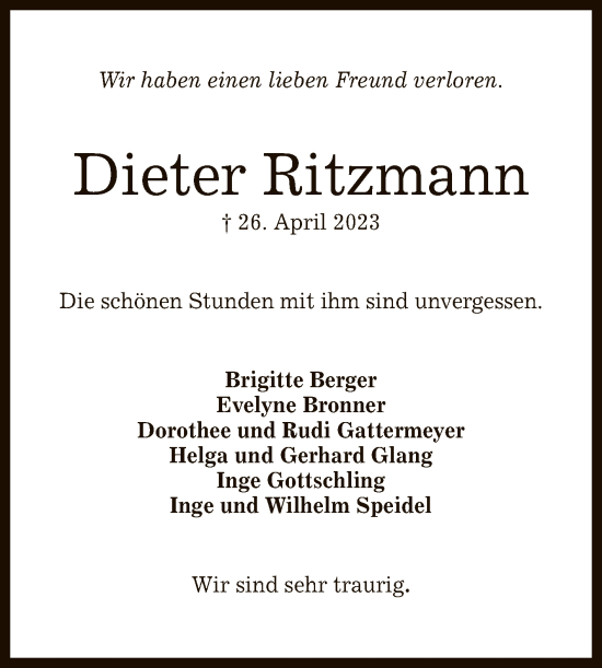 Anzeige von Dieter Ritzmann von Reutlinger General-Anzeiger