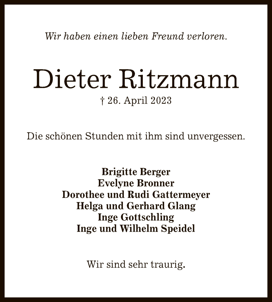  Traueranzeige für Dieter Ritzmann vom 27.05.2023 aus Reutlinger General-Anzeiger