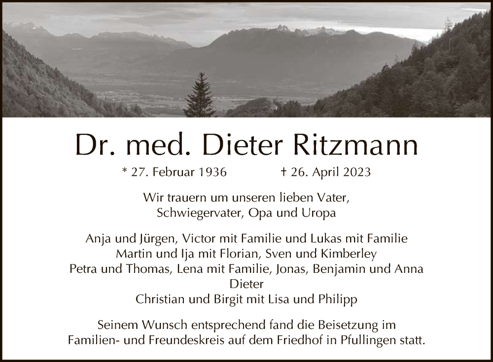  Traueranzeige für Dieter Ritzmann vom 27.05.2023 aus Reutlinger General-Anzeiger