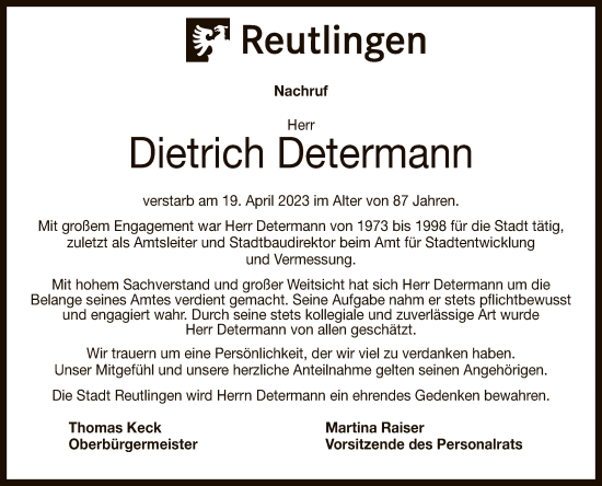 Anzeige von Dietrich Determann von Reutlinger General-Anzeiger