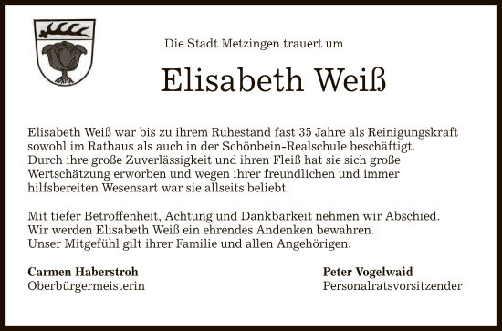 Anzeige von Elisabeth Weiß von Reutlinger General-Anzeiger