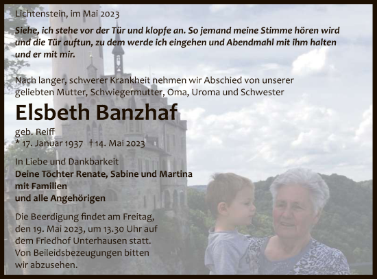 Anzeige von Elsbeth Banzhaf von Reutlinger General-Anzeiger