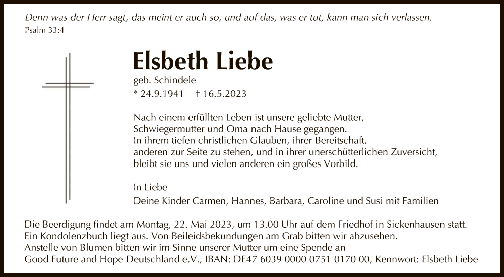  Traueranzeige für Elsbeth Liebe vom 19.05.2023 aus Reutlinger General-Anzeiger