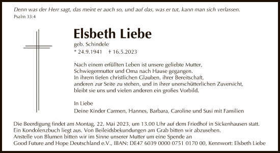 Anzeige von Elsbeth Liebe von Reutlinger General-Anzeiger