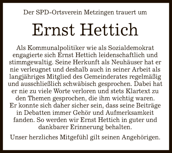 Anzeige von Ernst Hettich von Reutlinger General-Anzeiger