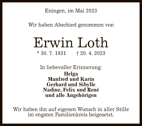 Anzeige von Erwin Loth von Reutlinger General-Anzeiger