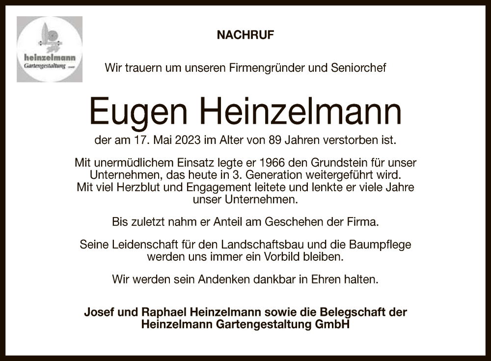  Traueranzeige für Eugen Heinzelmann vom 26.05.2023 aus Reutlinger General-Anzeiger