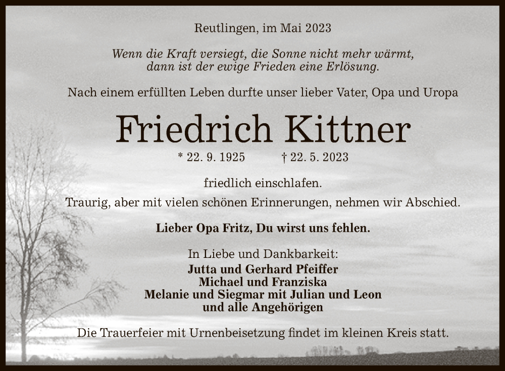  Traueranzeige für Friedrich Kittner vom 26.05.2023 aus Reutlinger General-Anzeiger