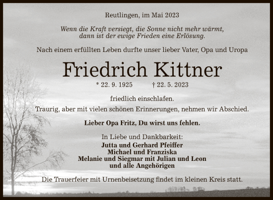 Anzeige von Friedrich Kittner von Reutlinger General-Anzeiger