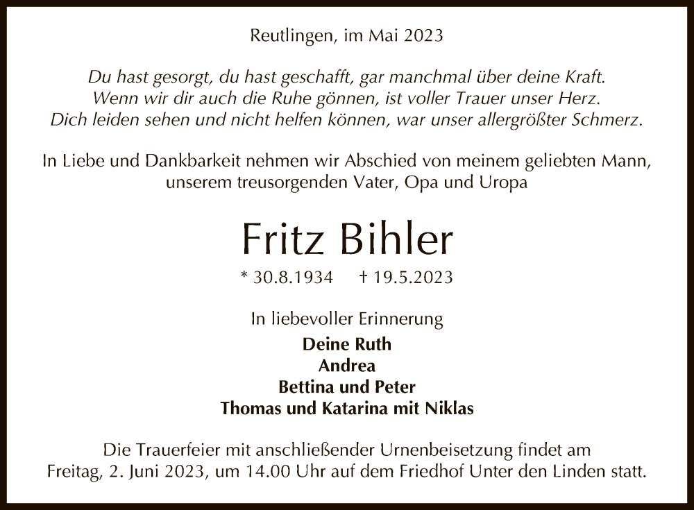  Traueranzeige für Fritz Bihler vom 27.05.2023 aus Reutlinger General-Anzeiger