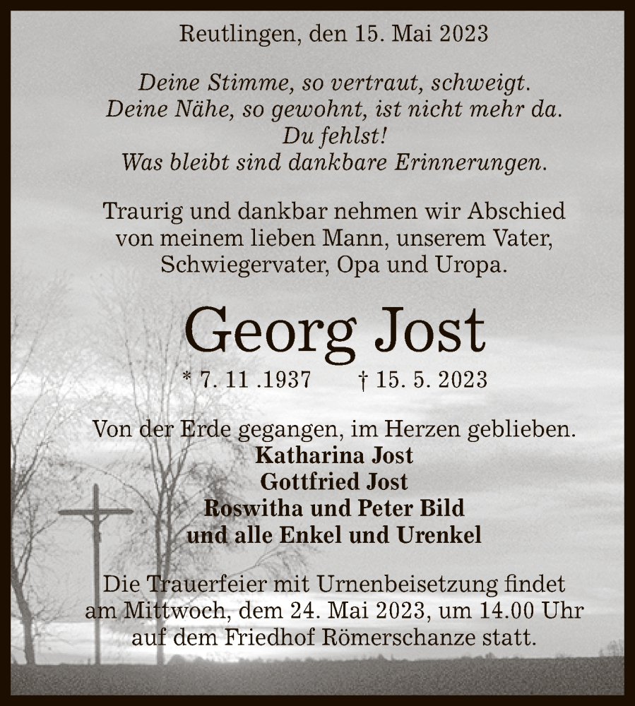  Traueranzeige für Georg Jost vom 20.05.2023 aus Reutlinger General-Anzeiger