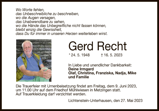 Anzeige von Gerd Recht von Reutlinger General-Anzeiger