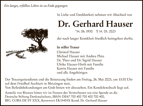 Anzeige von Gerhard Hauser von Reutlinger General-Anzeiger