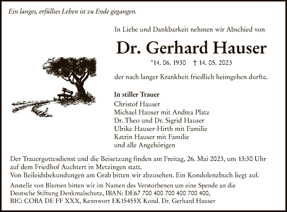  Traueranzeige für Gerhard Hauser vom 23.05.2023 aus Reutlinger General-Anzeiger