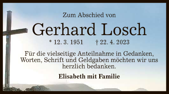 Anzeige von Gerhard Losch von Reutlinger General-Anzeiger