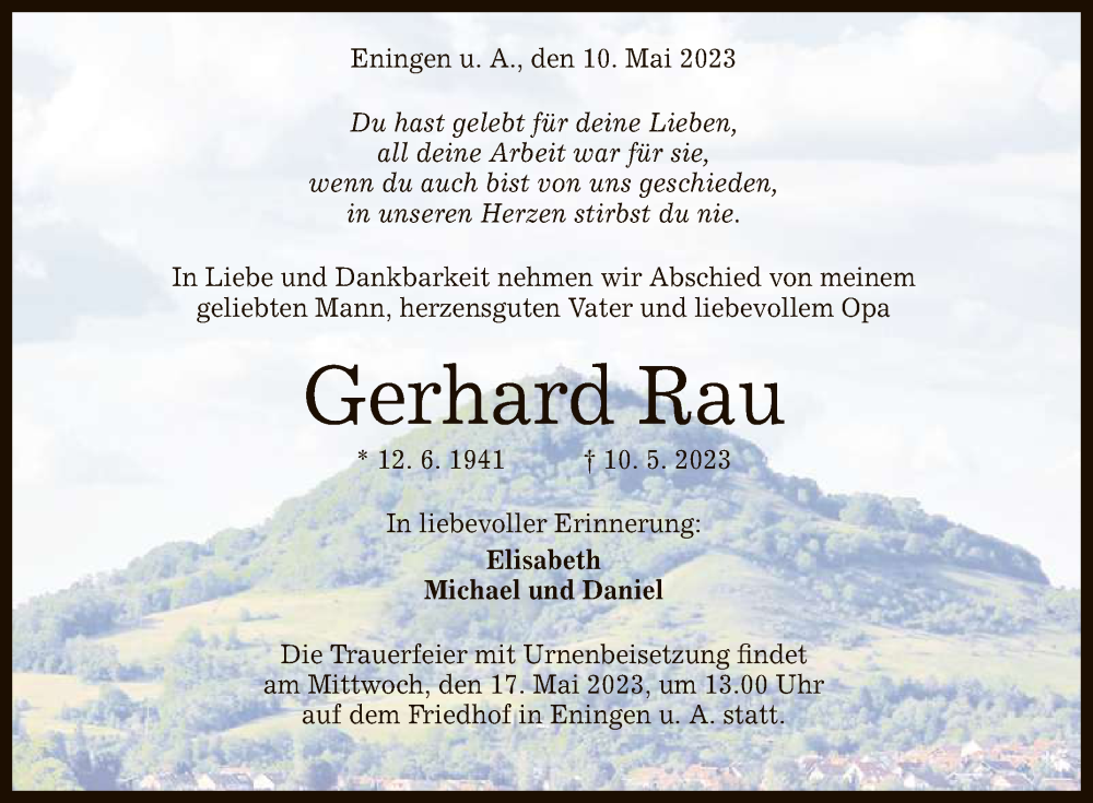  Traueranzeige für Gerhard Rau vom 13.05.2023 aus Reutlinger General-Anzeiger