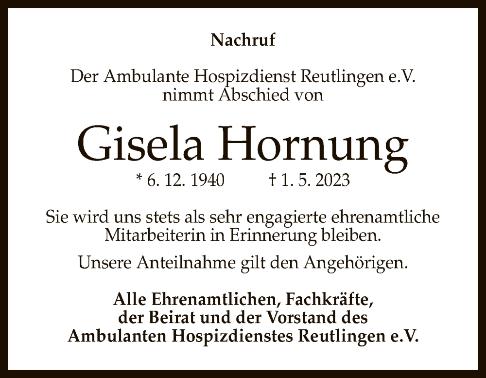  Traueranzeige für Gisela Hornung vom 11.05.2023 aus Reutlinger General-Anzeiger