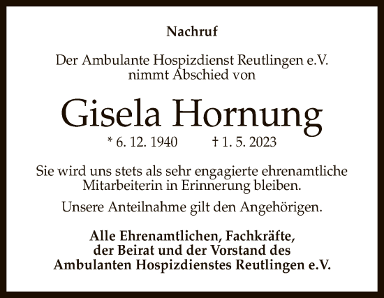 Anzeige von Gisela Hornung von Reutlinger General-Anzeiger