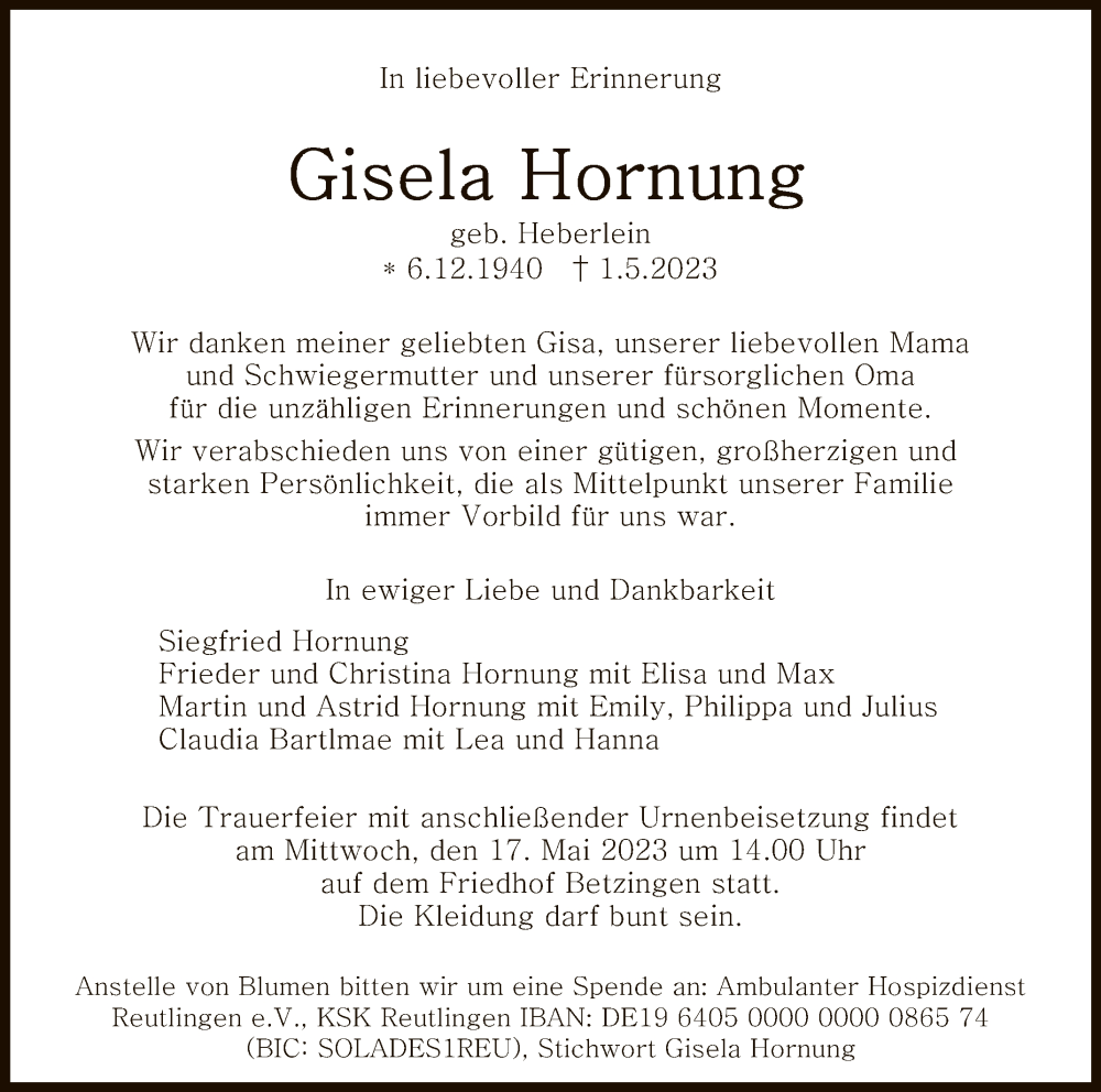  Traueranzeige für Gisela Hornung vom 06.05.2023 aus Reutlinger General-Anzeiger