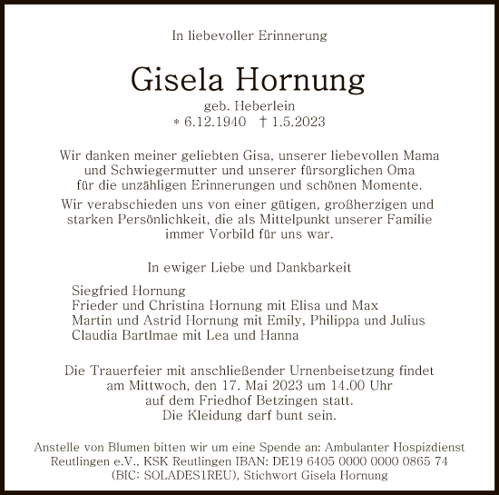 Anzeige von Gisela Hornung von Reutlinger General-Anzeiger