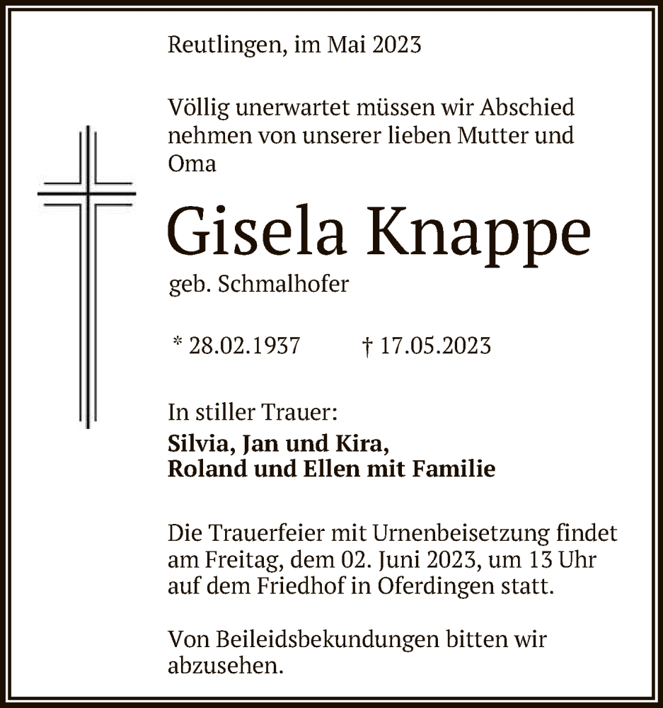  Traueranzeige für Gisela Knappe vom 27.05.2023 aus Reutlinger General-Anzeiger