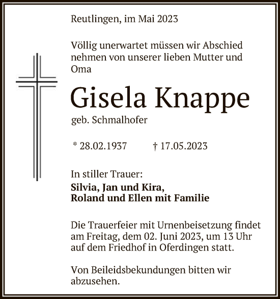 Anzeige von Gisela Knappe von Reutlinger General-Anzeiger