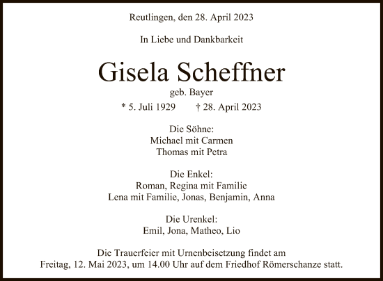 Anzeige von Gisela Scheffner von Reutlinger General-Anzeiger