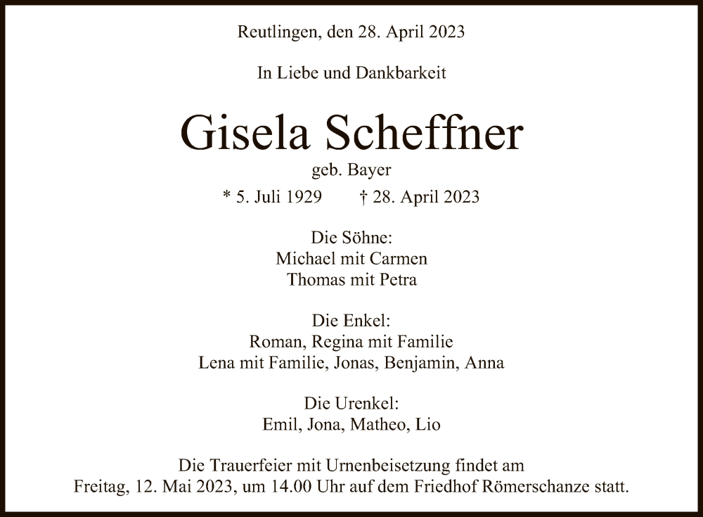  Traueranzeige für Gisela Scheffner vom 06.05.2023 aus Reutlinger General-Anzeiger