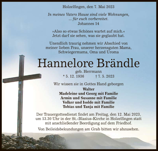 Anzeige von Hannelore Brändle von Reutlinger General-Anzeiger