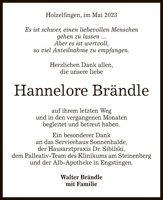 Anzeige von Hannelore Brändle von Reutlinger General-Anzeiger