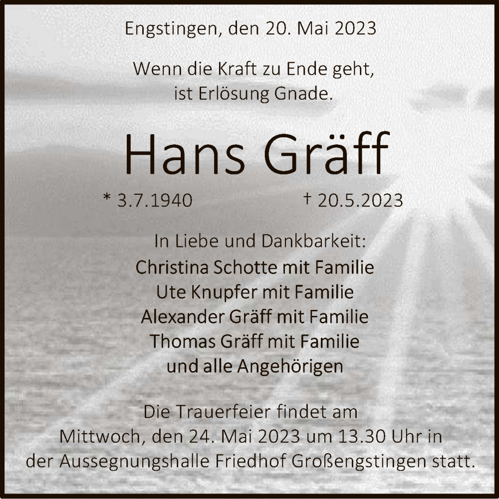  Traueranzeige für Hans Gräff vom 23.05.2023 aus Reutlinger General-Anzeiger