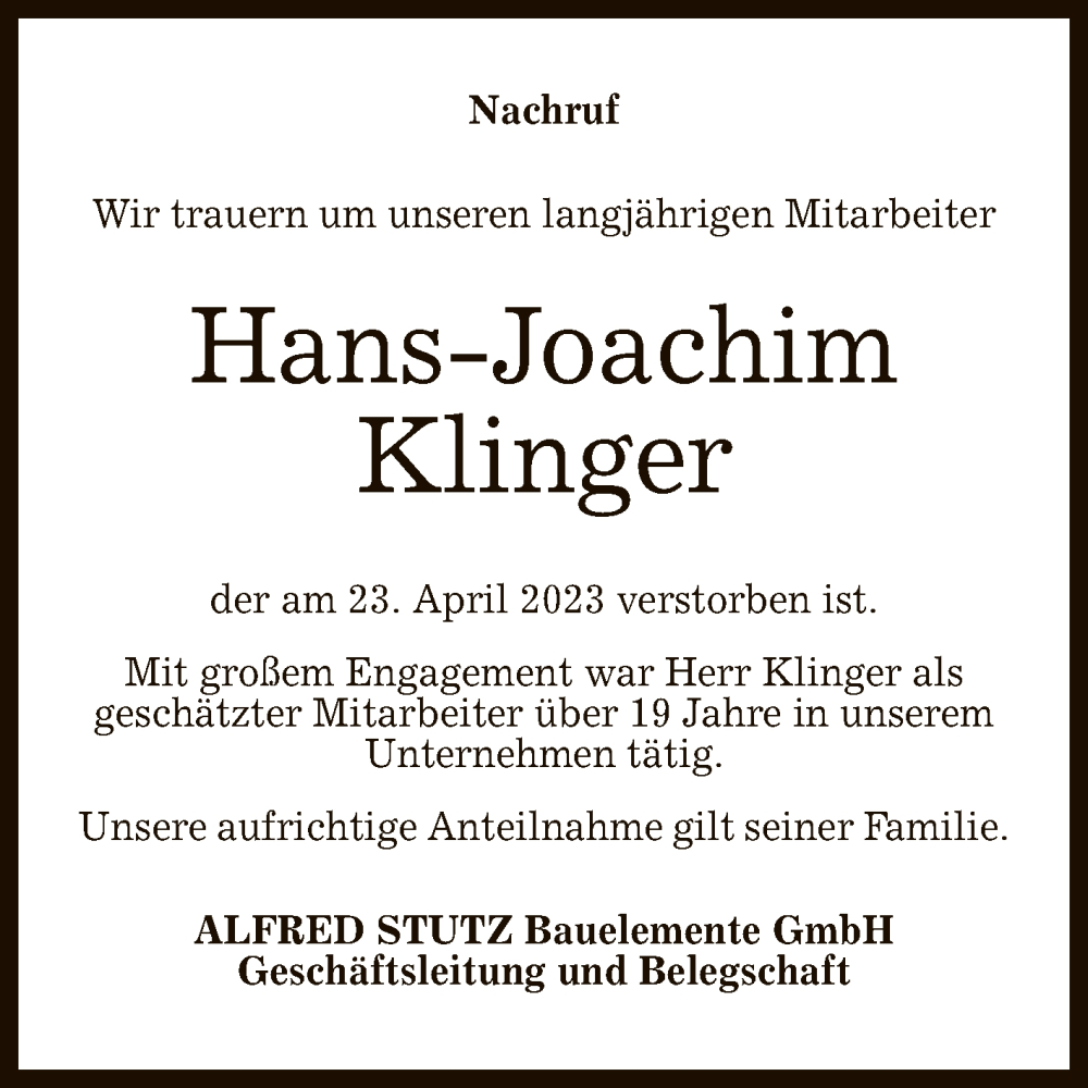  Traueranzeige für Hans-Joachim Klinger vom 20.05.2023 aus Reutlinger General-Anzeiger