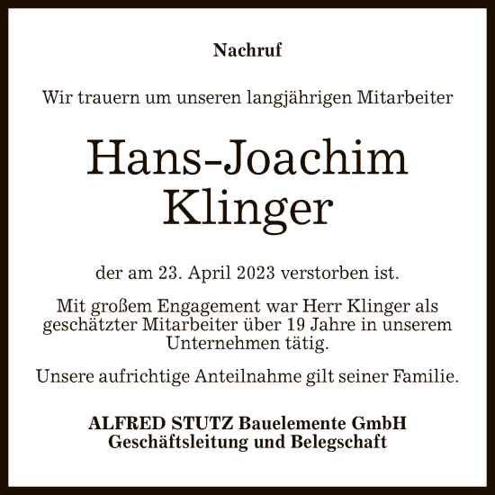 Anzeige von Hans-Joachim Klinger von Reutlinger General-Anzeiger