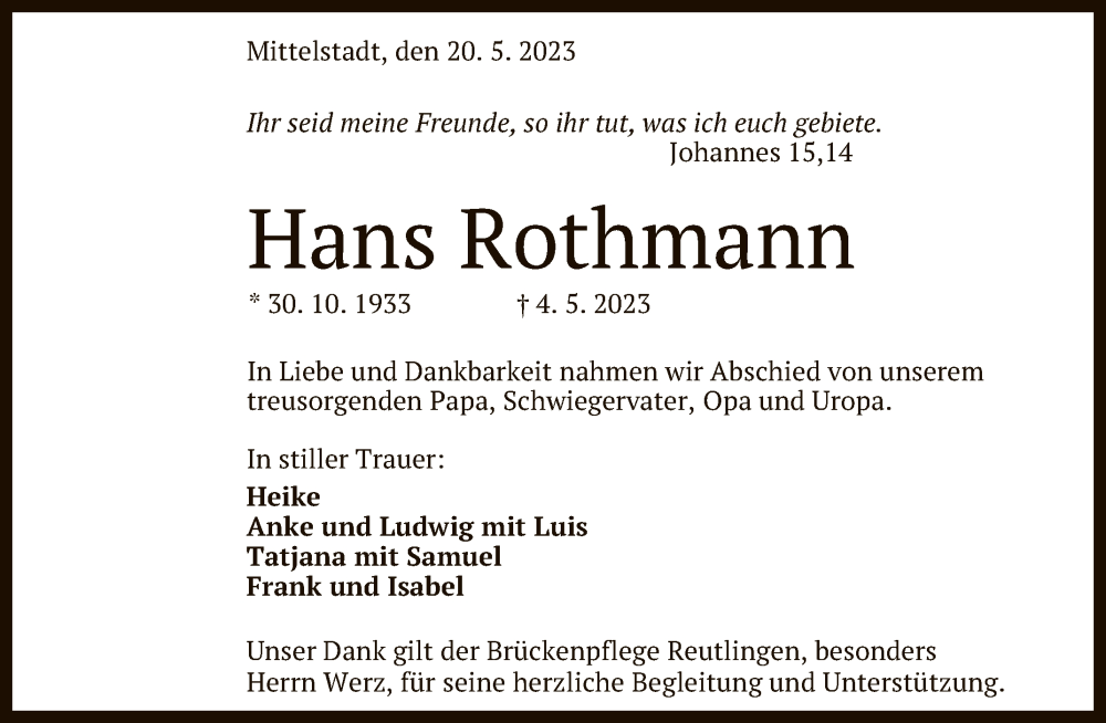  Traueranzeige für Hans Rothmann vom 20.05.2023 aus Reutlinger General-Anzeiger