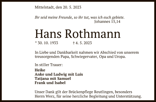 Anzeige von Hans Rothmann von Reutlinger General-Anzeiger