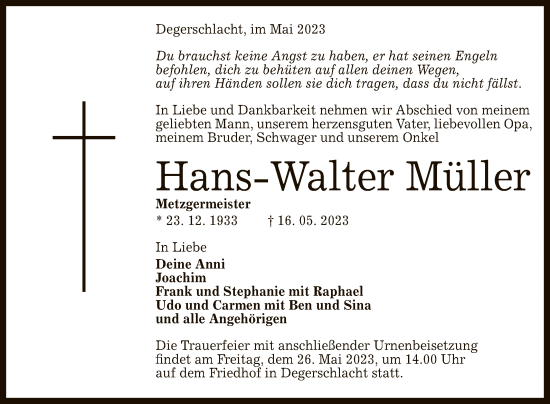 Anzeige von Hans-Walter Müller von Reutlinger General-Anzeiger