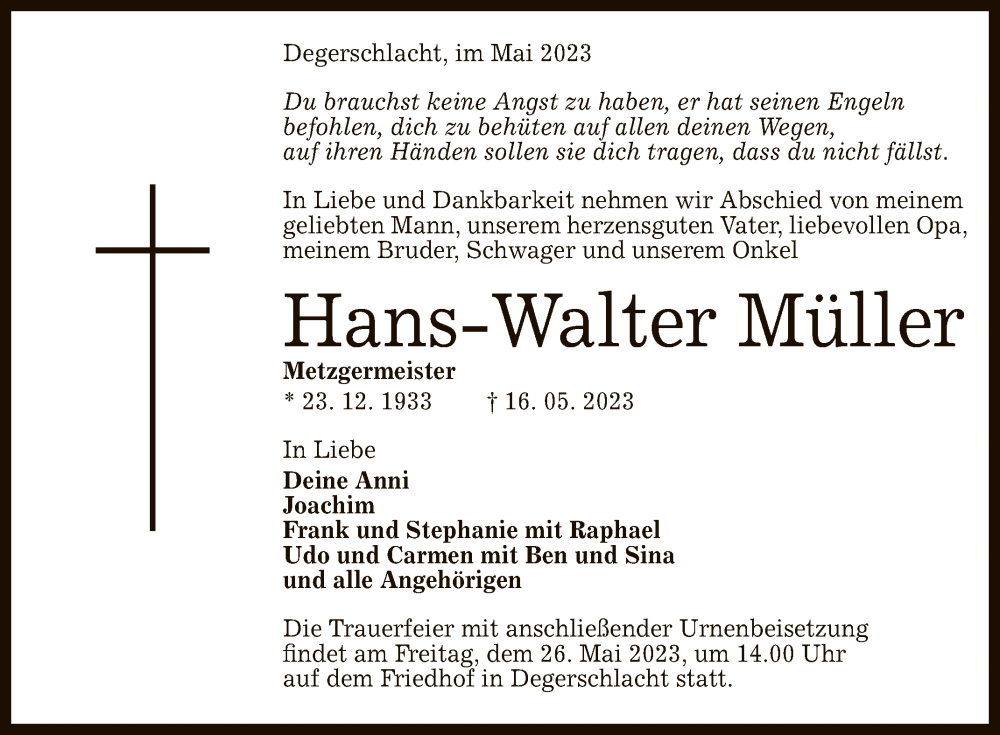  Traueranzeige für Hans-Walter Müller vom 22.05.2023 aus Reutlinger General-Anzeiger