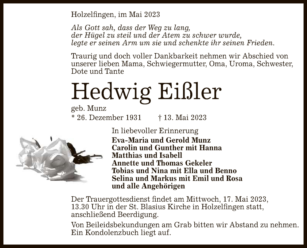  Traueranzeige für Hedwig Eißler vom 16.05.2023 aus Reutlinger General-Anzeiger