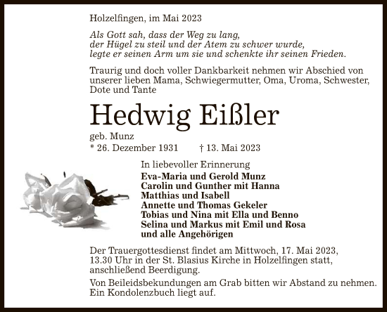 Anzeige von Hedwig Eißler von Reutlinger General-Anzeiger