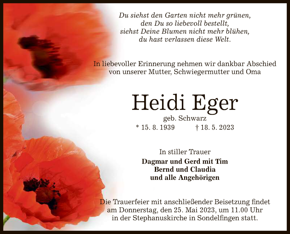  Traueranzeige für Heidi Eger vom 23.05.2023 aus Reutlinger General-Anzeiger