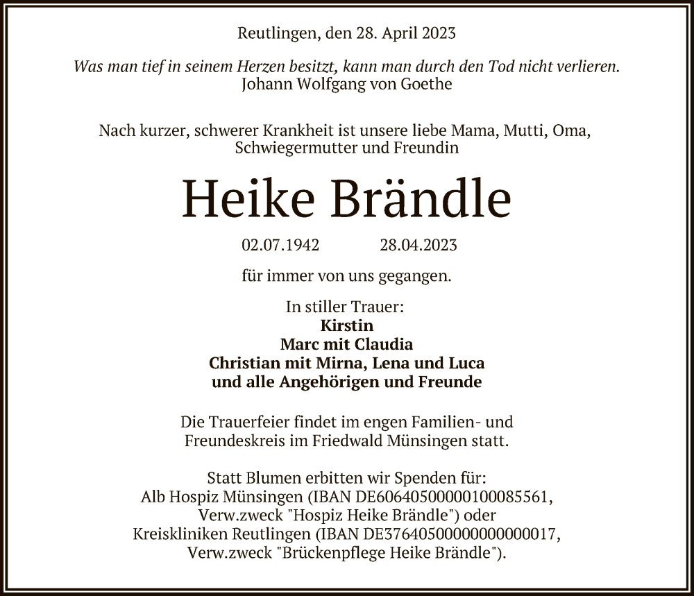  Traueranzeige für Heike Brändle vom 04.05.2023 aus Reutlinger General-Anzeiger