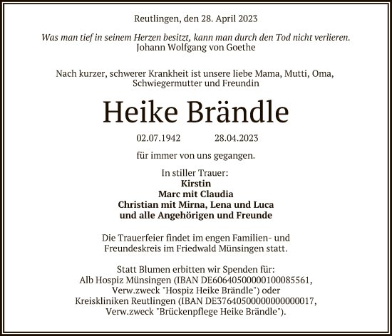 Anzeige von Heike Brändle von Reutlinger General-Anzeiger