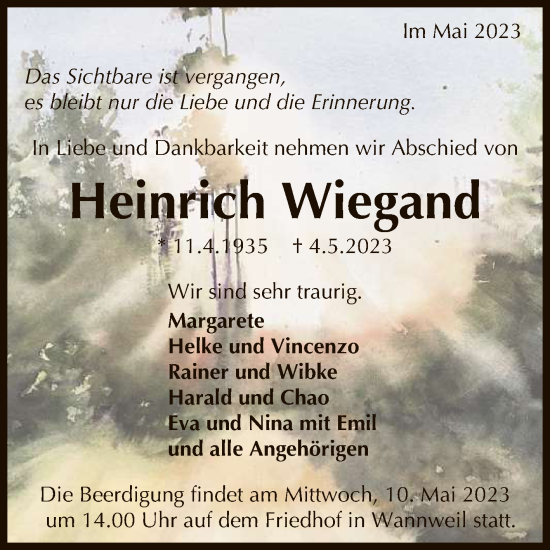 Anzeige von Heinrich Wiegand von Reutlinger General-Anzeiger
