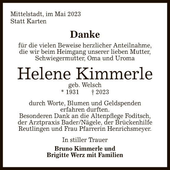 Anzeige von Helene Kimmerle von Reutlinger General-Anzeiger