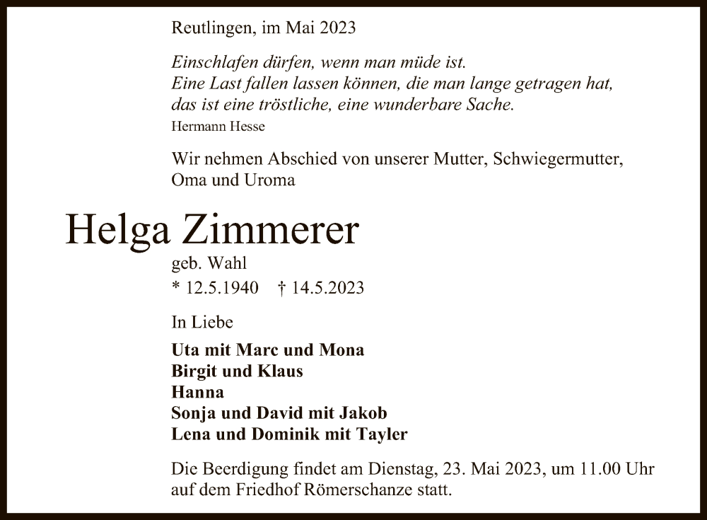  Traueranzeige für Helga Zimmerer vom 20.05.2023 aus Reutlinger General-Anzeiger