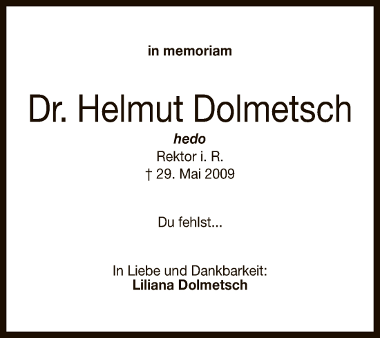 Anzeige von Helmut Dolmetsch von Reutlinger General-Anzeiger